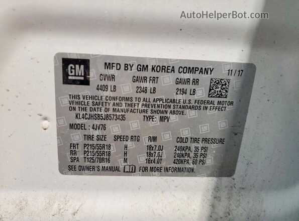 KL4CJHSB5JB573435 2018 BUICK ENCORE Белый Вид наклейки с VIN-кодом