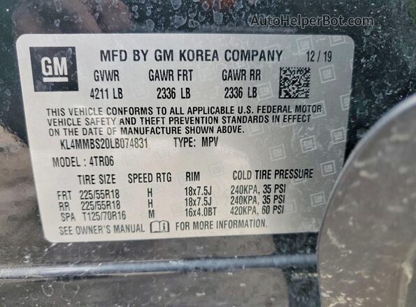 KL4MMBS20LB074831 2020 BUICK ENCORE Black Widok naklejki z numerem VIN