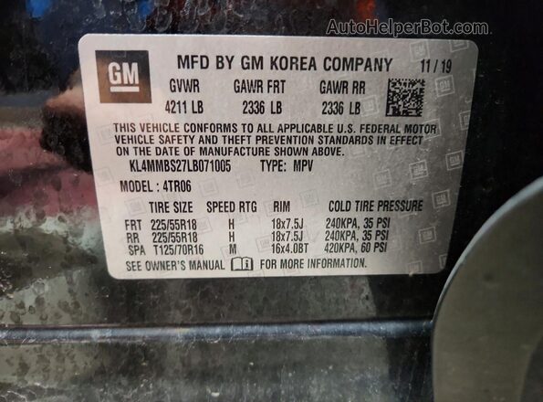 KL4MMBS27LB071005 2020 BUICK ENCORE Black VIN კოდის სტიკერის ხედი