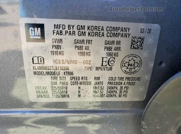 KL4MMBS27LB110398 2020 BUICK ENCORE Серый Вид наклейки с VIN-кодом
