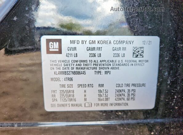 KL4MMBS27NB086445 2022 BUICK ENCORE Черный Вид наклейки с VIN-кодом