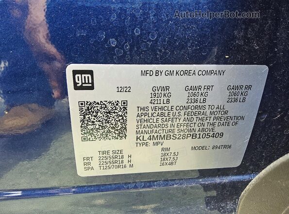 KL4MMBS28PB105409 2023 BUICK ENCORE Синий Вид наклейки с VIN-кодом
