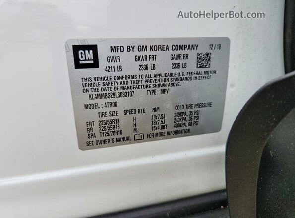 KL4MMBS29LB083107 2020 BUICK ENCORE White Widok naklejki z numerem VIN