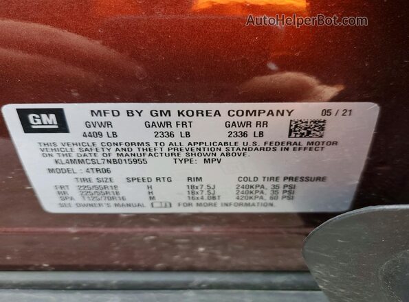 KL4MMCSL7NB015955 2022 BUICK ENCORE Maroon Vista de la etiqueta del VIN