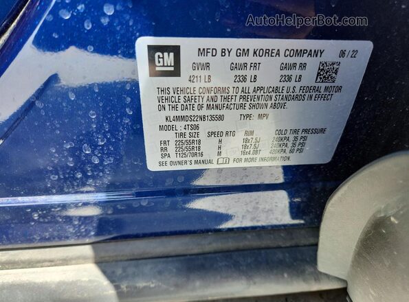 KL4MMDS22NB135580 2022 BUICK ENCORE Синий Вид наклейки с VIN-кодом