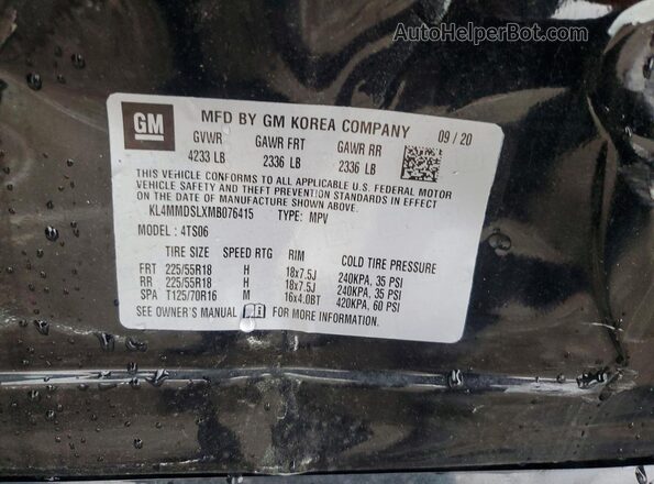 KL4MMDSLXMB076415 2021 BUICK ENCORE Black Widok naklejki z numerem VIN