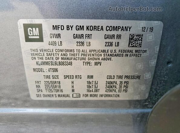 KL4MMESL6LB083348 2020 BUICK ENCORE Серый Вид наклейки с VIN-кодом
