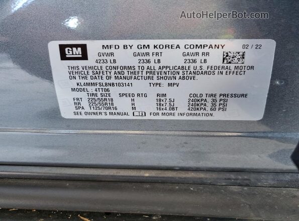 KL4MMFSL8NB103141 2022 BUICK ENCORE Gray Widok naklejki z numerem VIN