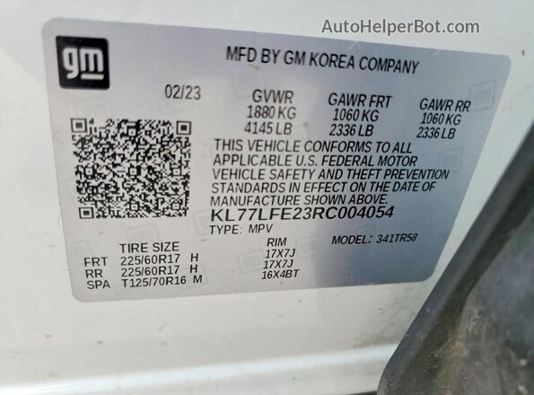 KL77LFE23RC004054 2024 CHEVROLET TRAX Белый Вид наклейки с VIN-кодом