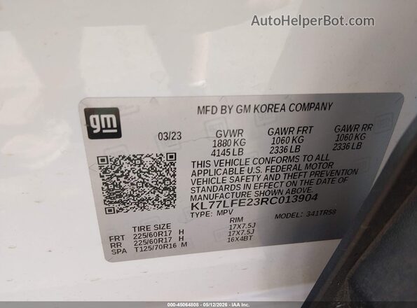 KL77LFE23RC013904 2024 CHEVROLET TRAX White Вид підкапотного простору