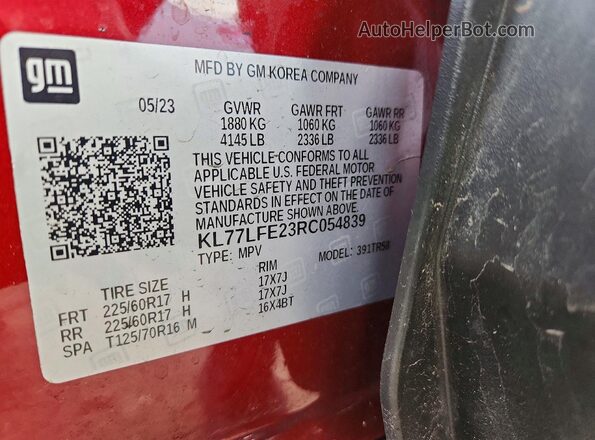 KL77LFE23RC054839 2024 CHEVROLET TRAX Burgundy Вид наклейки з VIN-кодом