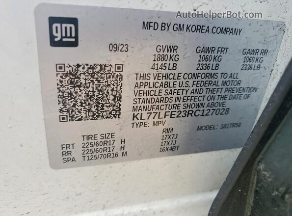 KL77LFE23RC127028 2024 CHEVROLET TRAX Белый Вид наклейки с VIN-кодом