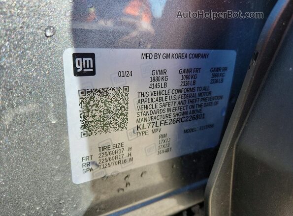 KL77LFE26RC226801 2024 CHEVROLET TRAX Silver Vista de la etiqueta del VIN