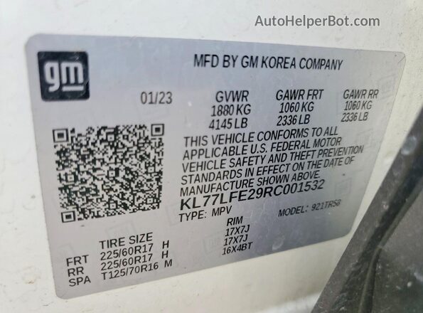 KL77LFE29RC001532 2024 CHEVROLET TRAX White Widok naklejki z numerem VIN