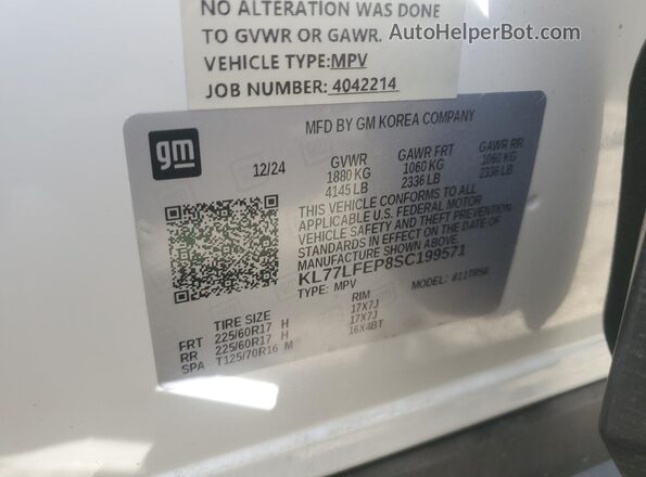 KL77LFEP8SC199571 2025 CHEVROLET TRAX White Widok naklejki z numerem VIN
