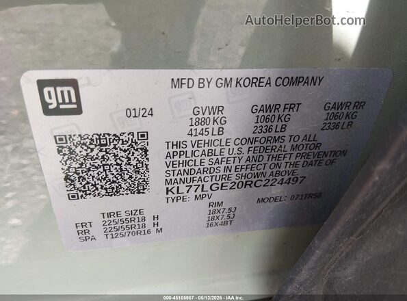 KL77LGE20RC224497 2024 CHEVROLET TRAX Green Вид підкапотного простору