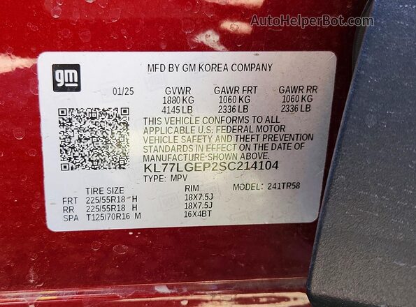 KL77LGEP2SC214104 2025 CHEVROLET TRAX Maroon Вид наклейки з VIN-кодом