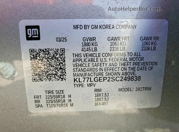 KL77LGEP2SC249838 2025 CHEVROLET TRAX Gray Вид наклейки з VIN-кодом