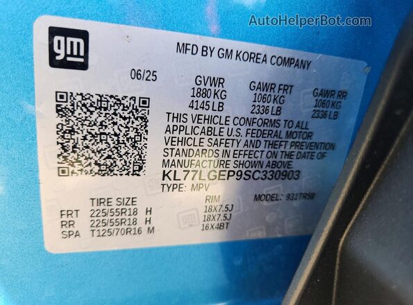 KL77LGEP9SC330903 2025 CHEVROLET TRAX Синий Вид наклейки с VIN-кодом