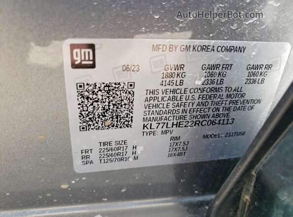 KL77LHE22RC064113 2024 CHEVROLET TRAX Серебряный Вид наклейки с VIN-кодом
