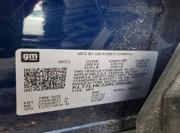 KL77LHE22RC066489 2024 CHEVROLET TRAX Blue Панорамний вид салону 360°