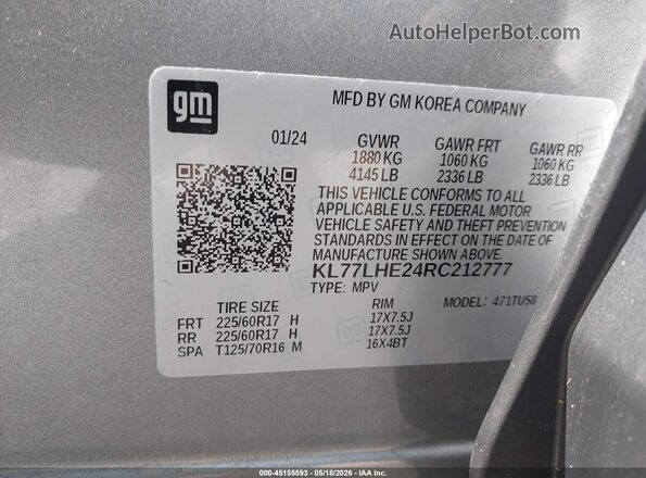 KL77LHE24RC212777 2024 CHEVROLET TRAX Серый Вид подкапотного пространства