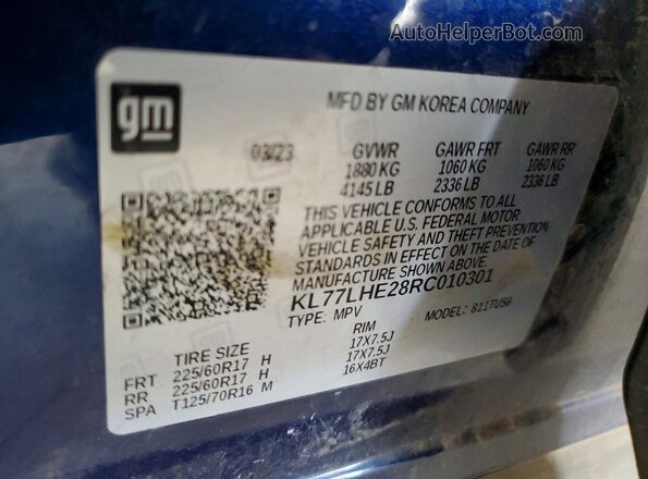 KL77LHE28RC010301 2024 CHEVROLET TRAX Blue Widok komory silnika