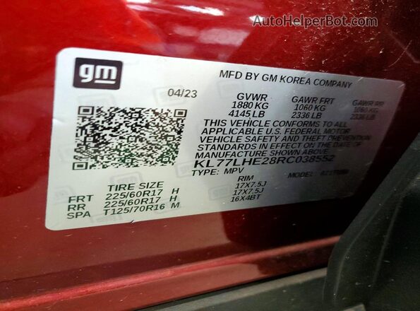 KL77LHE28RC038552 2024 CHEVROLET TRAX Red Vista de la etiqueta del VIN