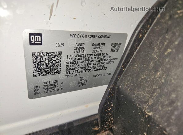 KL77LHEP0SC268233 2025 CHEVROLET TRAX Белый Вид наклейки с VIN-кодом