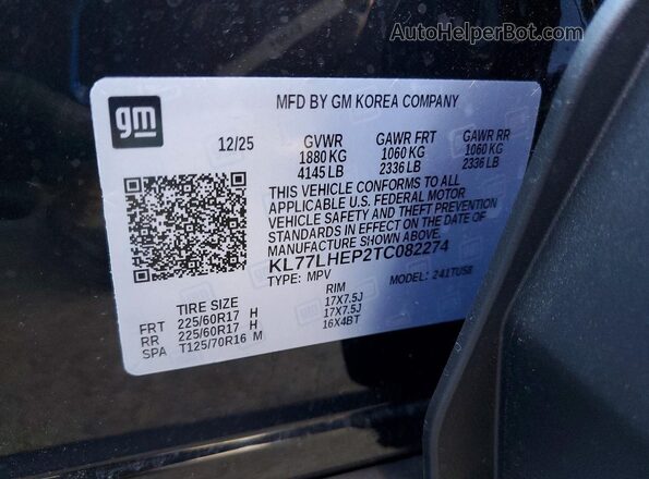 KL77LHEP2TC082274 2026 CHEVROLET TRAX Black VIN კოდის სტიკერის ხედი