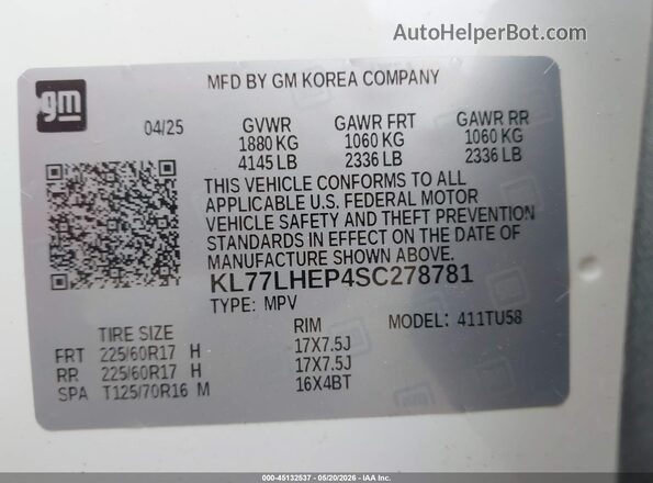 KL77LHEP4SC278781 2025 CHEVROLET TRAX White Widok komory silnika