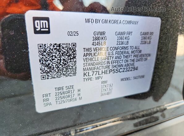 KL77LHEP5SC232294 2025 CHEVROLET TRAX Черный Вид наклейки с VIN-кодом