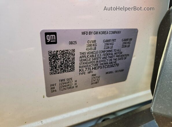 KL77LHEP5TC016270 2026 CHEVROLET TRAX Белый Панорамный вид салона 360°