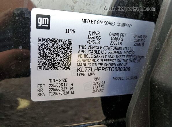 KL77LHEP5TC080308 2026 CHEVROLET TRAX Black Вид наклейки з VIN-кодом