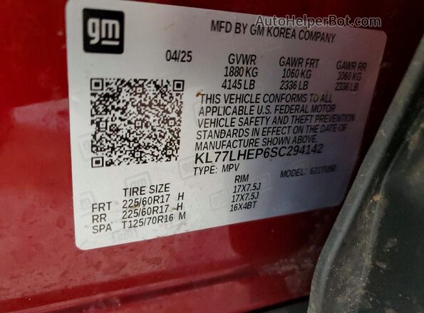 KL77LHEP6SC294142 2025 CHEVROLET TRAX Красный Вид наклейки с VIN-кодом