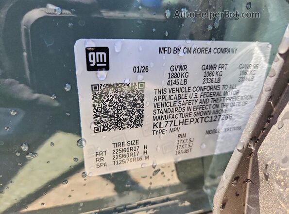 KL77LHEPXTC127266 2026 CHEVROLET TRAX Green Widok naklejki z numerem VIN
