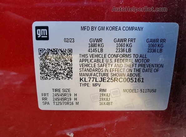 KL77LJE25RC005161 2024 CHEVROLET TRAX Red Вид наклейки з VIN-кодом