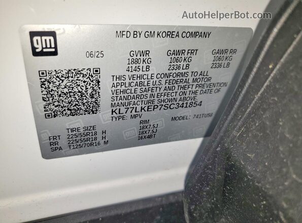 KL77LKEP7SC341854 2025 CHEVROLET TRAX White Vista de la etiqueta del VIN