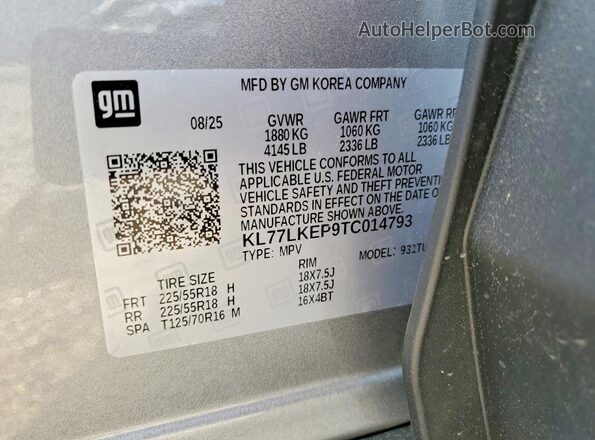 KL77LKEP9TC014793 2026 CHEVROLET TRAX Серый Вид наклейки с VIN-кодом
