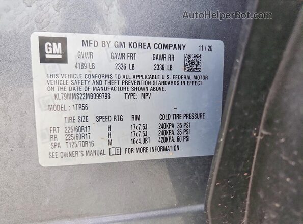 KL79MMS22MB099798 2021 CHEVROLET TRAILBLAZER Серый Вид наклейки с VIN-кодом