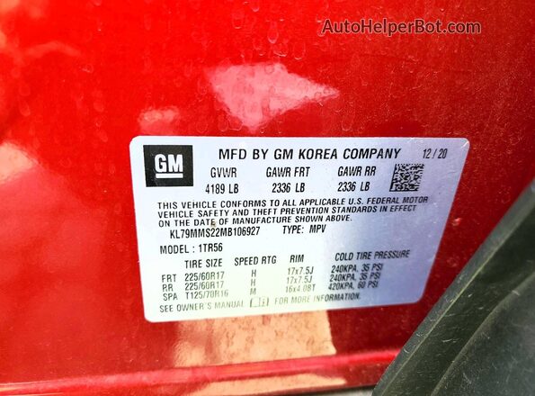 KL79MMS22MB106927 2021 CHEVROLET TRAILBLAZER Red 360 interior view