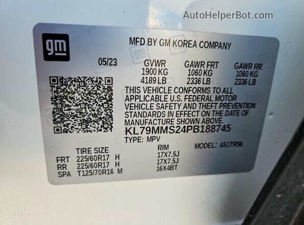 KL79MMS24PB188745 2023 CHEVROLET TRAILBLAZER White VIN კოდის სტიკერის ხედი