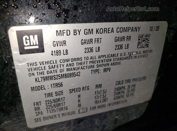 KL79MMS25MB089542 2021 CHEVROLET TRAILBLAZER Black Вид наклейки з VIN-кодом