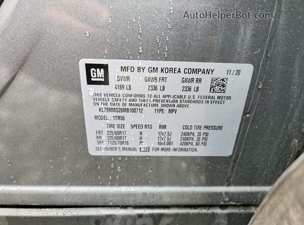 KL79MMS26MB100712 2021 CHEVROLET TRAILBLAZER Gray Widok wnętrza 360 stopni