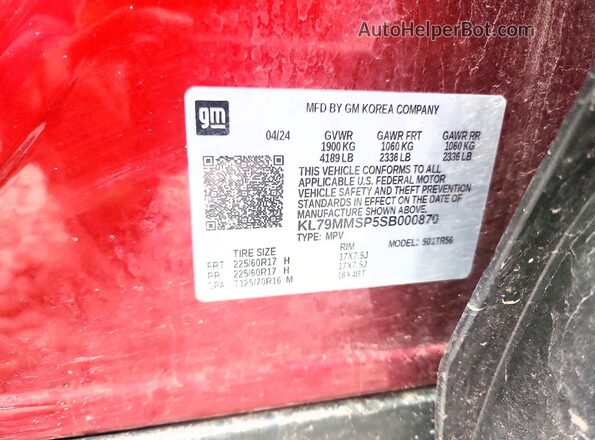 KL79MMSP5SB000870 2025 CHEVROLET TRAILBLAZER Красный Вид наклейки с VIN-кодом