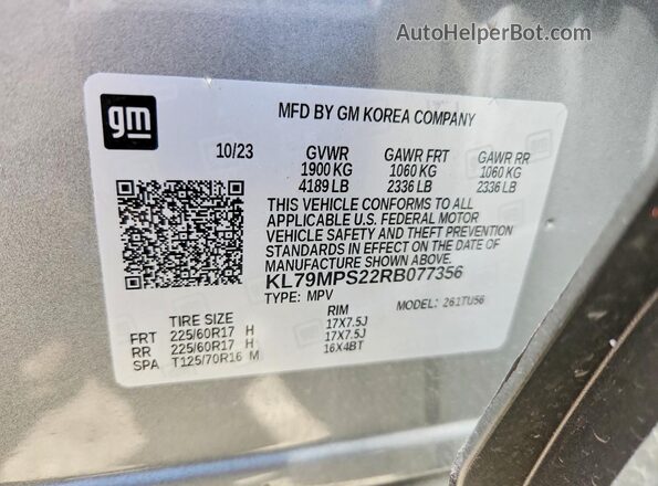 KL79MPS22RB077356 2024 CHEVROLET TRAILBLAZER Серебряный Вид наклейки с VIN-кодом