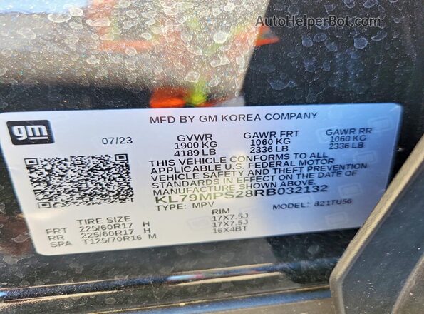KL79MPS28RB032132 2024 CHEVROLET TRAILBLAZER Black VIN sticker view