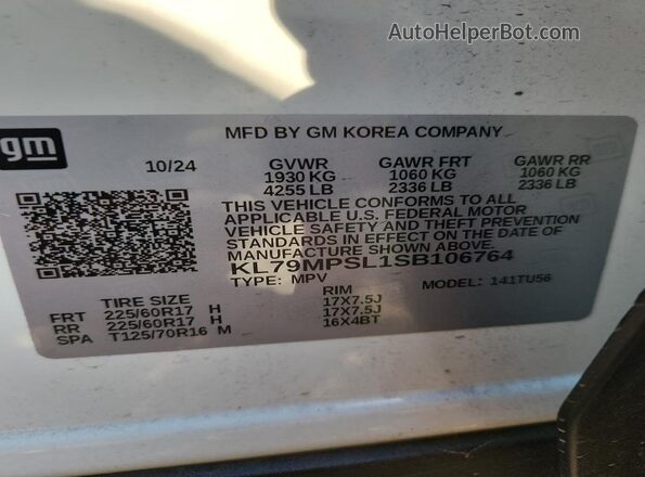 KL79MPSL1SB106764 2025 CHEVROLET TRAILBLAZER White Вид наклейки з VIN-кодом