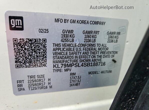 KL79MPSL4SB188716 2025 CHEVROLET TRAILBLAZER Белый Вид наклейки с VIN-кодом