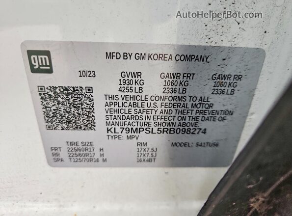 KL79MPSL5RB098274 2024 CHEVROLET TRAILBLAZER Белый Вид наклейки с VIN-кодом